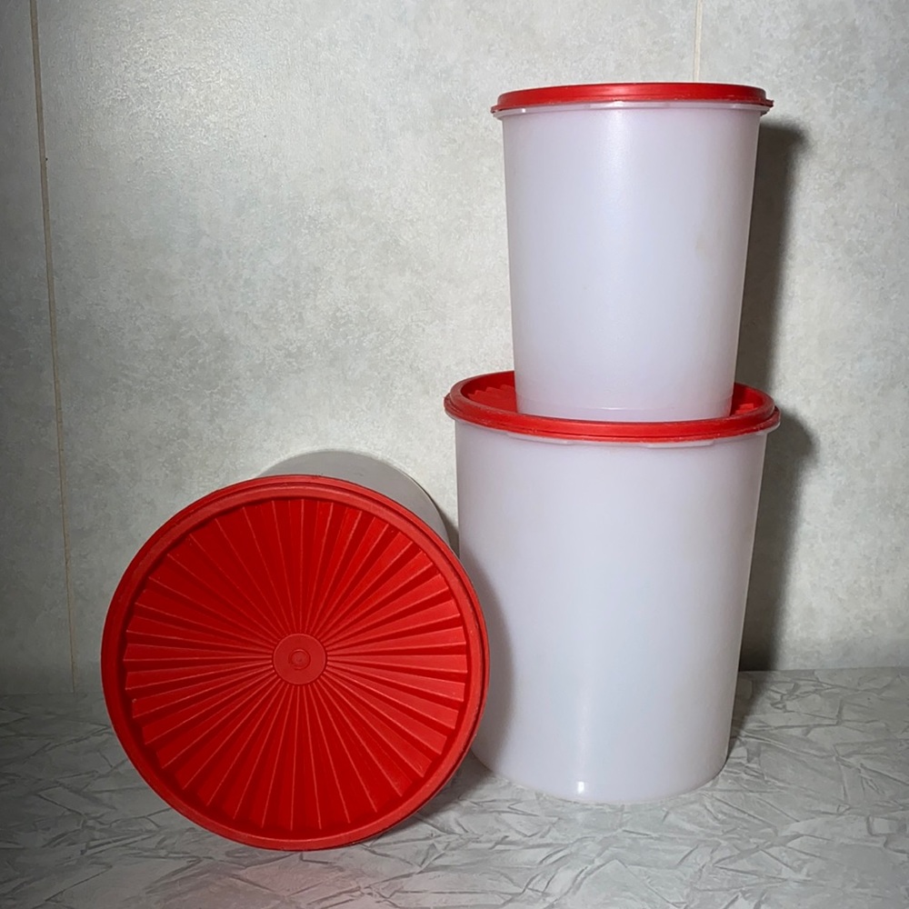 Tupperware Servalier canisters with red lids